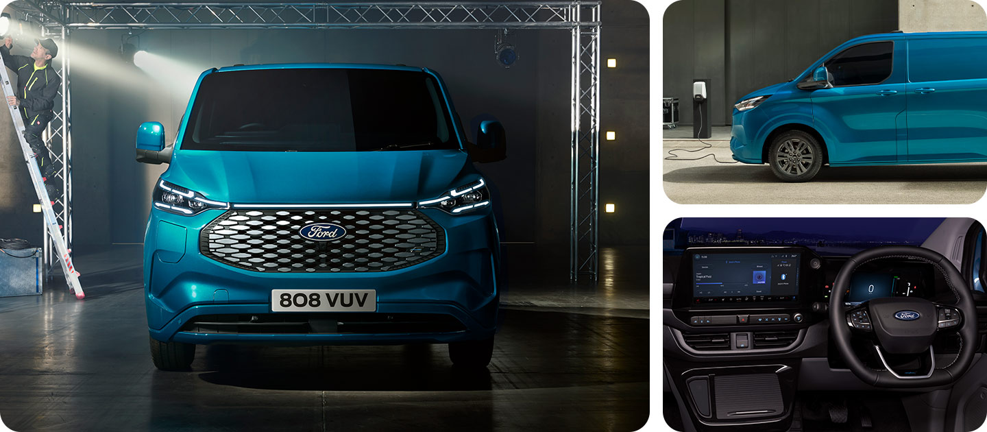 Furgon Ford E-Transit Custom albastru, vedere frontală.